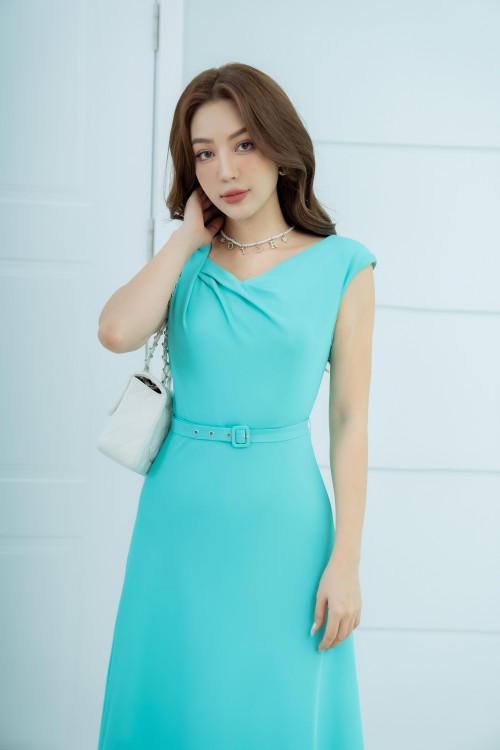 Sixdo Turquoise Midi Silk Dress With Belt